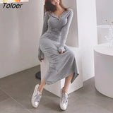 Vintage Casual Hooded Long Sleeve Long Party Dress Ladies Elegant Streetwear Robe Sexy Bodycon Skinny Female Split
