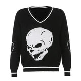 Punk Print Vintage Y2K Knit Sweater V Neck Long Sleeve Casual Jumper Ladies Autumn Winter Korean Pullover