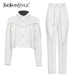 White Patchwork Casual Two Piece Set For Women Lapel Long Sleeve Coat Full Length Pants Female Solid Suits 2022