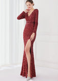 Winter Elegant Deep V Neck Long Sleeve Slit Cocktail Eevening