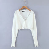 spring summer women sweater fashion knitted button up cardigan white black ripped irregular crop