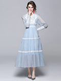 Designer Runway Dress 2022 Spring Women Lantern Sleeve V-Neck Lace Patchwork Vintage Embroidery Long Dress