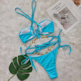 Toloer Crystal Diamond Bikini Hanging Neck Cross Strap Split Body Women's Swimsuit Beach Vacation Swimsuit New