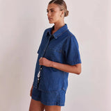 Summer New Water Wash Retro Solid Color Short Sleeve Shirt Shorts Denim Set