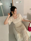Korean Soft Girl Square Collar A Line Midi Dress Summer Lace Embroidery Party Dresses Office Lady Casual Vestidos