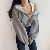 Solid Color Casual Zip Up Cropped Hoodie-Outfit