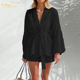 Fashion Long Sleeve Robes Top Two Piece Sets Womens Outifits Autumn Casual White Home Suit Elegant Shorts Women'S