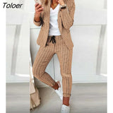 Autumn Casual Plaid Print Long Sleeve Blazer Coat & Drawstring Pants Set Two Pieces Suits Womens Elegant Ladies Tops