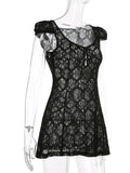 Women Lace Floral Short Mini Dress Vintage V-neck Buttons Up Slim Fit Summer Solid A-Line Dress Y2K Vestidos Clubwear-Outfit