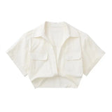 Women Safari Style Pockets Patch Knotted Linen Short Smock Blouse Lady Chic Kimono Cropped Shirt Blusas Tops-Outfit