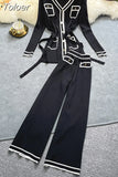 And Winter Long-Sleeve Knit Suits Lace-Up Waist Mid-Length V-Neck Cardigan + Wide-Leg Pants Two-Piece Outfits