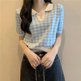 Color Polo Collar Short-Sleeved Knitwear Summer 2025 New Fashion Temperament Loose Chic Lattice Blouse Female