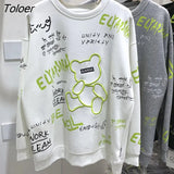 Brand Graffiti Cartoon Bear Embroidery Sweatshirt O-neck Oversized Pullover Winter Korean Style Loose Kawaii Y2K