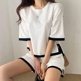 Style Women Tracksuit Knitted Suit 2022Summer Casual Loose Short Sleeve O-neck Pullover Tops+Fashion Shorts Two Piece