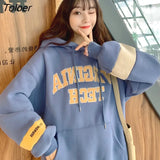 Korean Fashion Green Blue Women's Sweatshirt New Loose Letter Embroidery Tracksuit Winter Fleece Hoodies Female Warm