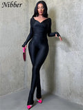 Sexy Skinny Solid Two Piece Set Women Fashion Cross V-neck Long Sleeve Tops+ High Waist Floor Length Trousers Street Suit-Outfit