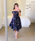 Fashion Off Shoulder Flower Dress Elegant Slash Neck Short Sleeve Flower Print Elastic Irregular Dress