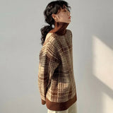 Turtleneck Women Sweater Knitted 2021 Korean Fashion Long Sleeve Plaid Oversized Pullovers Casual Loose