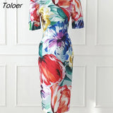 Women Pencil Dress Summer Vintage Floral Print Short Sleeve Slit Slim Midi Party Commute Robe Femme Ladies Mujer