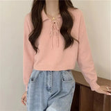 The New Korean Version Lace-Up Pullover In Spring 2024 Is Girly With Polo Collar And Simple Bottomed Sweater.-Outfit
