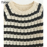 Women Vintage O Neck Striped Jacquard Mesh Net Knitted Sweater Female Long Sleeve Chic Pullover Casual Loose Tops