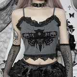 Spice Girl Lace Splicing Suspenders Dark Wind Personality Moth Printing Shows Thin Temperament-Outfit