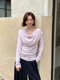 Xixi 13 Line 2025 Autumn White Standard Temperament Swinging Knitted Long-Sleeved T-Shirt Top