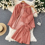 Women 3 Pieces Set Houndstooth Plain Green/Black/Orange Turn-Down Collar Single Breasted Blouse + Strap Camis + Shorts Suits