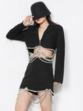 TWOTWINSTYLE Slim Chain Hem Black Two Piece Set Women Notched Collar Long Sleeve Blazers High Waist Mini Skirt Solid Sets
