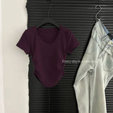 New Summer Design Feel U-Collar Short-Sleeved T-Shirt Women Fold Slim Look Thin Inside A Solid Color Short-Style Blouse-Outfit