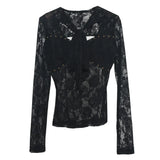 Explosion Real Shot Design Lace Ribbon Hollow Long Sleeve Top Sexy Slimming Bottom T-Shirt