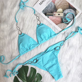 Toloer Bikini 2023 New Sexy Metal Accessories Rhinestone Women's Split Swimsuit Plain Strap