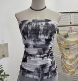 Thai-Style Splash Ink Dye Mesh Wrap Chest Vest Irregular Stacked Folded Sleeveless Top