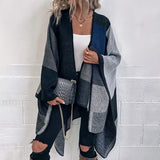New Women's Winter Thicken Ponchos and Capes Plaid Color Block Blanket Wrap Cape Women Open Front Shawl Knitted