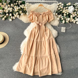 Dress Women's Dress Temperament Gentle Wind The Word Shoulder Bubble Sleeves Waist Shows Thin Fairy Dress Sweet Holiday Dress-Outfit