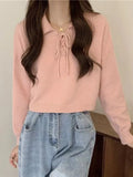 The New Korean Version Lace-Up Pullover In Spring 2024 Is Girly With Polo Collar And Simple Bottomed Sweater.-Outfit