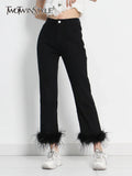 Black Patchwork Feathers Pants For Women High Waist Solid Minimalist Trousers Female Korean Fashion Clothing