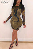 Glitter Rhinestones Mesh Sexy Dresses for Women Party Club Outfits Long Sleeve Bodycon Mini Dress