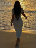 Pure Color O Neck Short Sleeves Draped Maxi Prom Dress Sexy Slim Summer Women Elegant Outfit Wedding Holiday Beach