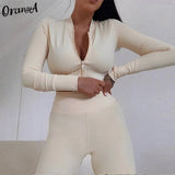 Summer Women Tracksuit Fitness Skinny Casual 2Piece Set Long Sleeve Zipper Crop Tops+Sporty Leggings Matching