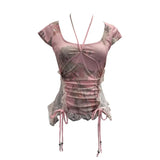 Industrial Lace Splicing Elastic Print With Bow Short-Sleeved T-Shirt