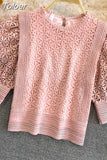 Women Blouses O-neck Puff Sleeve Crochet Floral Shirts Chic Hollow Out Blouse Lace Sweet Temperament Tops