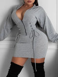 Plus Size Casaul Grey Lace Up With Hood Long Sleeve Mid