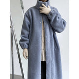 Women's Stand Neck Shearling Lamb Trench Coat Korean Style 2022 Winter Loose Thickened Button Up Front Long