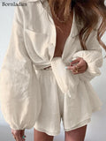 100% Cotton Linen Women Summer Shorts Suits Holiday Lantern Sleeve Shirts and Hot Pants 2 Pieces Sets Women