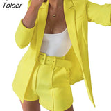 Women Fashion Long Balzer Jacket and Belt Mini Shorts Two Piece Co Ords Suit Elegant Office Lady Matching Pink Outfit Sexy