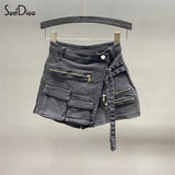 Solid Irregular Cargo Pocket Denim Shorts Women Sexy High Waisted Shorts Skirts Spring 2023 Female Bottoms