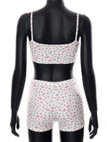 Women's 2 Pieces Knitted Outfits Set Sleeveless Strap Floral Print Cropped Tank Tops High Waist Short Sets Streetwear-Outfit