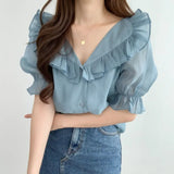 Chic Summer New Lotus Leaf Collar Age Sweet Elegant Temperament Bubble Sleeve Top Chiffon