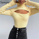 Autumn Turtleneck Elastic Hollow Out Long Sleeve Sexy Women T Shirts Tops Basic Tees Streetwear Beige Cropped T
